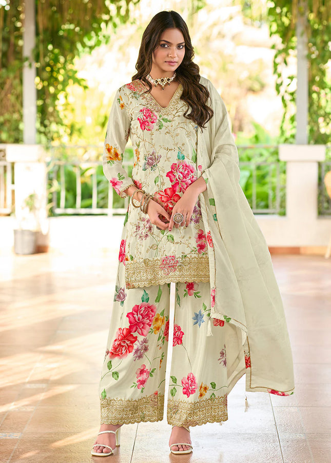 Offwhite Floral Embroidered Pant Style Suit