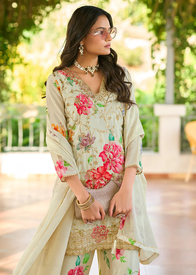 Offwhite Floral Embroidered Pant Style Suit