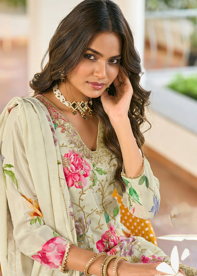 Offwhite Floral Embroidered Pant Style Suit