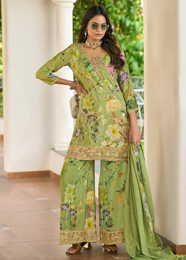 Green Floral Embroidered Pant Style Suit