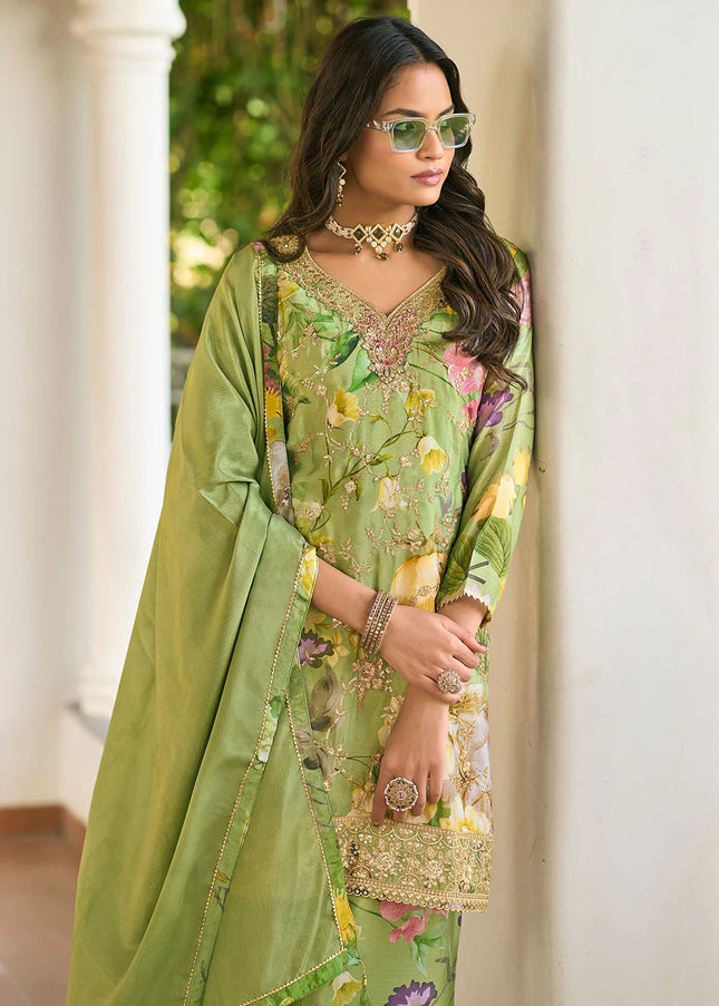 Green Floral Embroidered Pant Style Suit