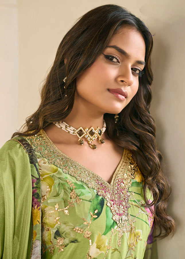 Green Floral Embroidered Pant Style Suit