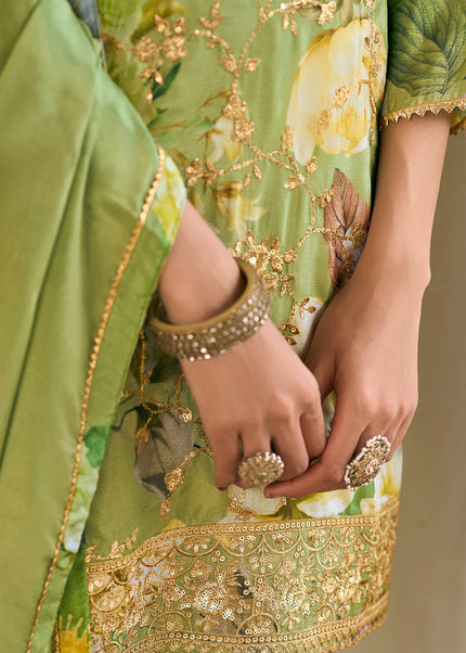 Green Floral Embroidered Pant Style Suit