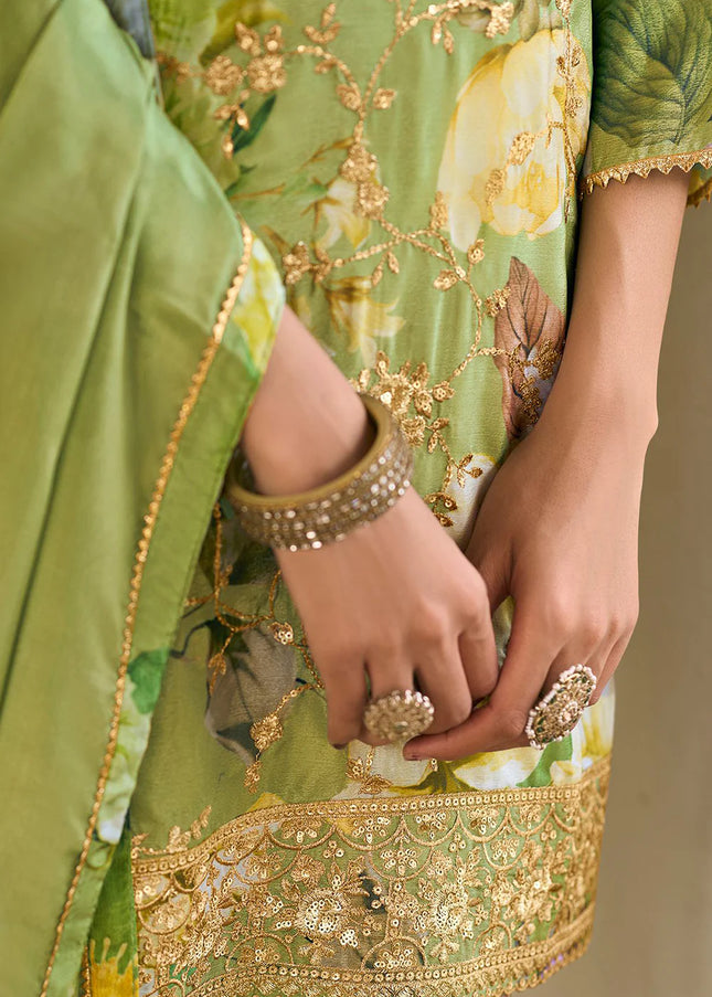 Green Floral Embroidered Pant Style Suit