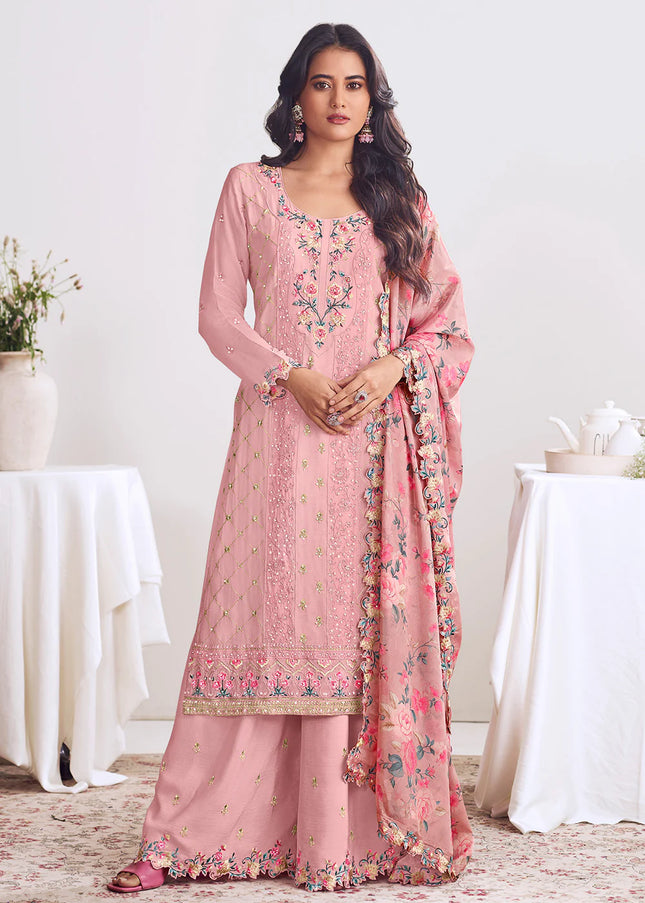 Pink Printed and Embroidered Sharara Suit