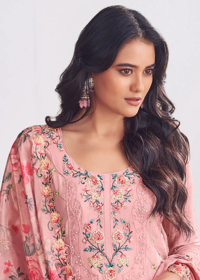 Pink Printed and Embroidered Sharara Suit