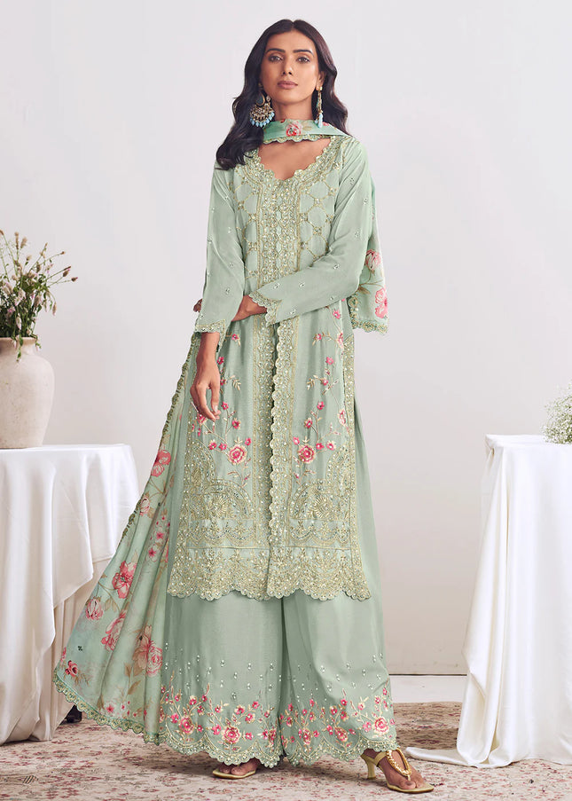 Sea Green Printed and Embroidered Sharara Suit