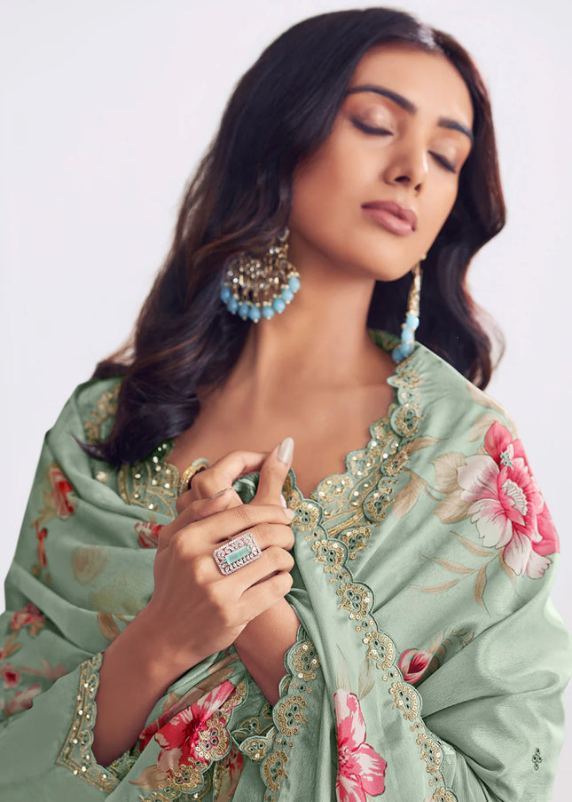 Sea Green Printed and Embroidered Sharara Suit