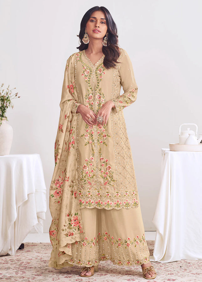 Beige Printed and Embroidered Sharara Suit
