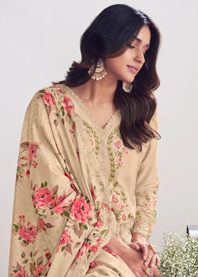 Beige Printed and Embroidered Sharara Suit