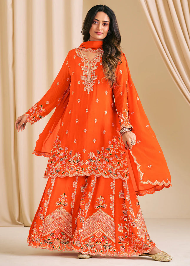 Orange Embroidered Sharara Suit