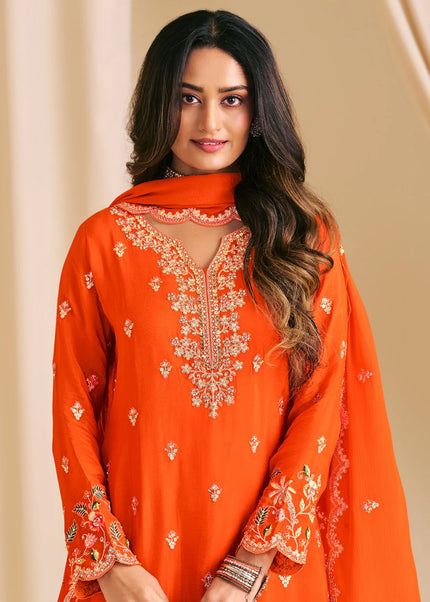 Orange Embroidered Sharara Suit