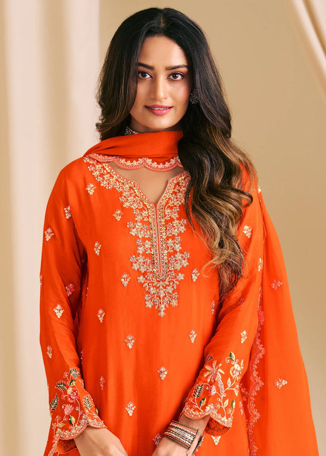 Orange Embroidered Sharara Suit