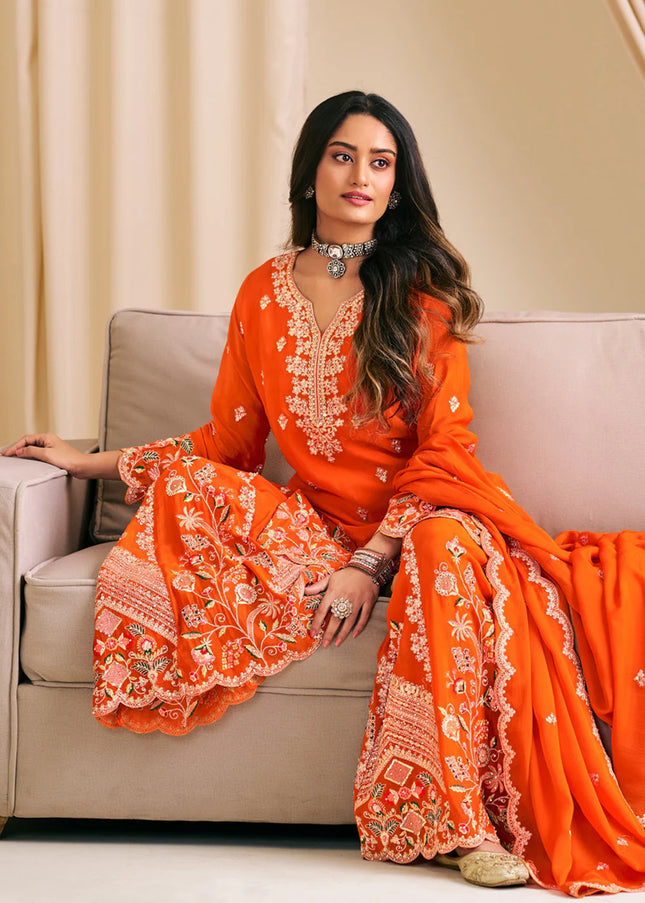 Orange Embroidered Sharara Suit