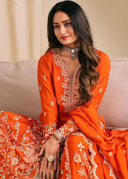 Orange Embroidered Sharara Suit