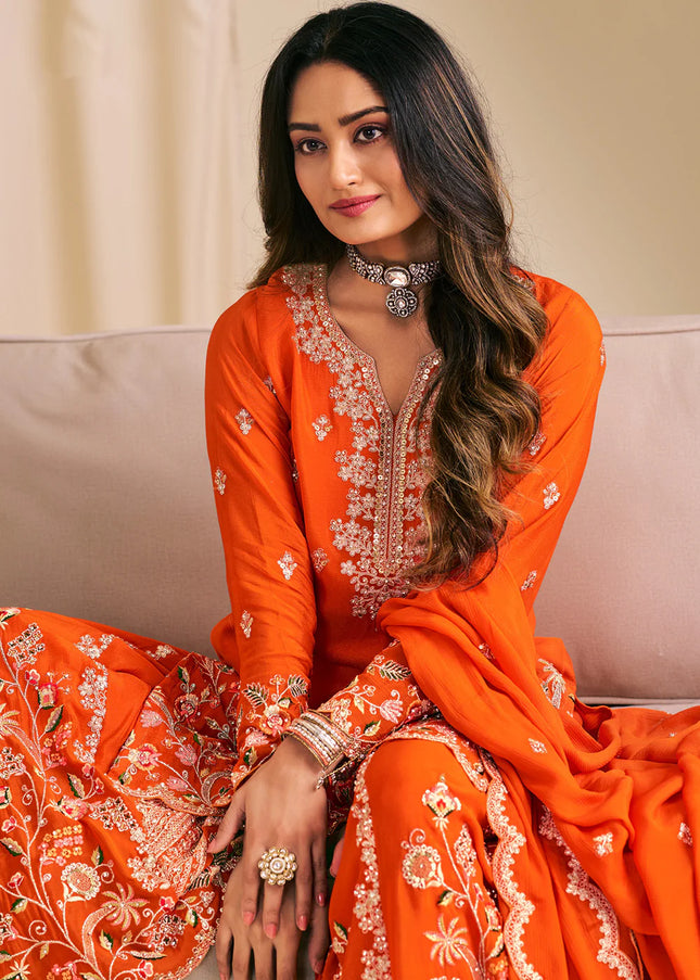 Orange Embroidered Sharara Suit
