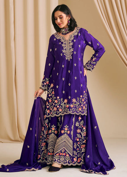 Purple Embroidered Sharara Suit