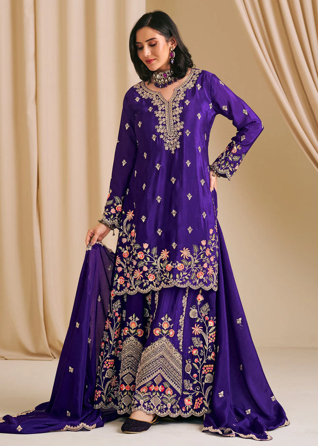Purple Embroidered Sharara Suit