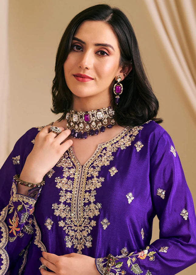 Purple Embroidered Sharara Suit