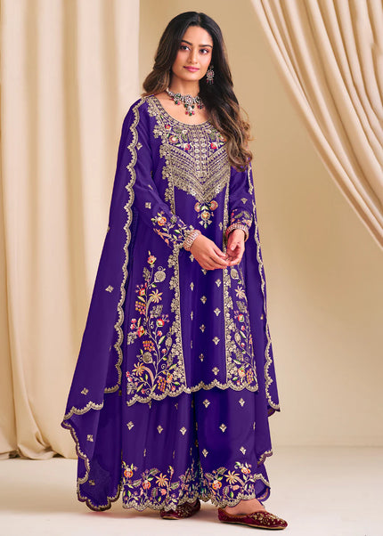 Purple Embroidered Sharara Suit
