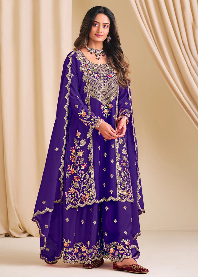 Purple Embroidered Sharara Suit