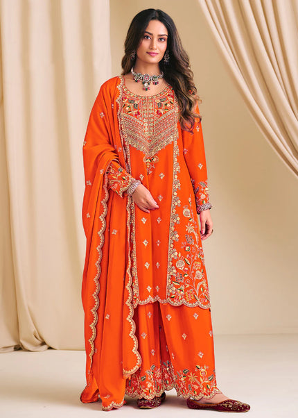 Orange Embroidered Sharara Suit