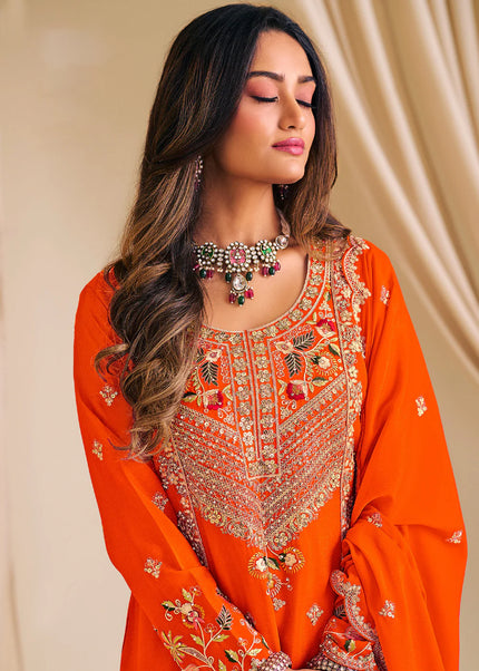 Orange Embroidered Sharara Suit