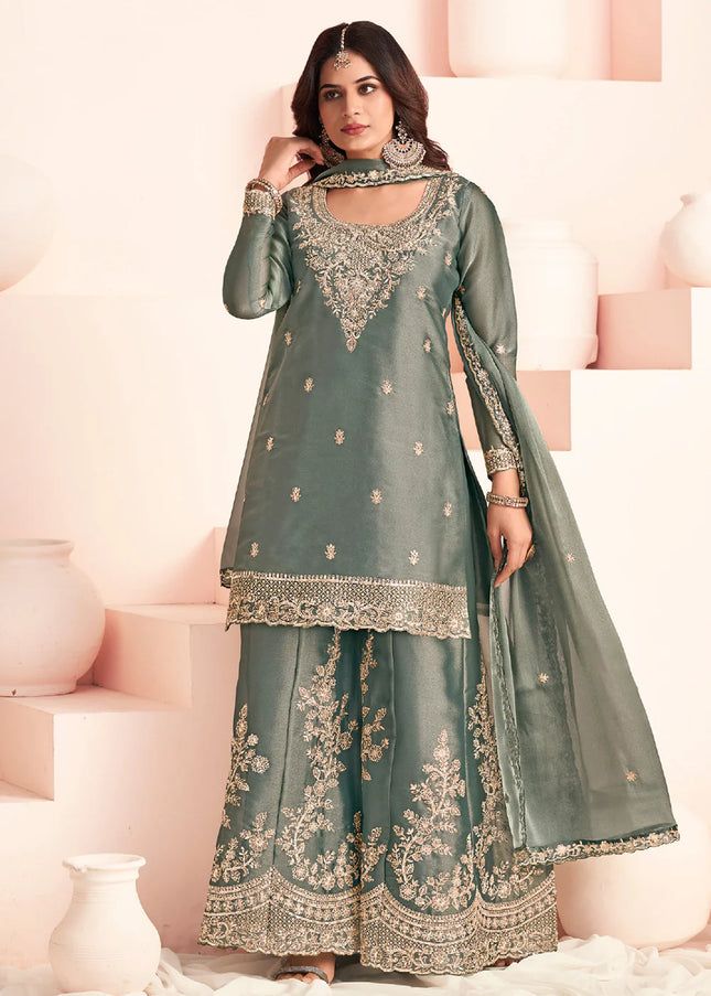 Sea Green Embroidered Sharara Suit