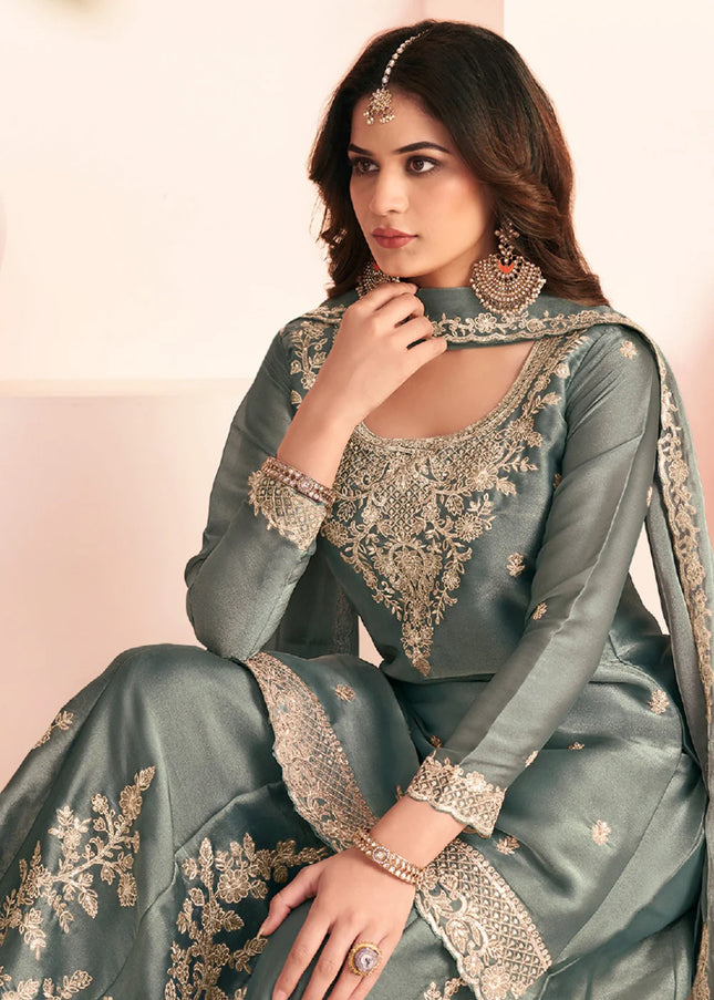 Sea Green Embroidered Sharara Suit