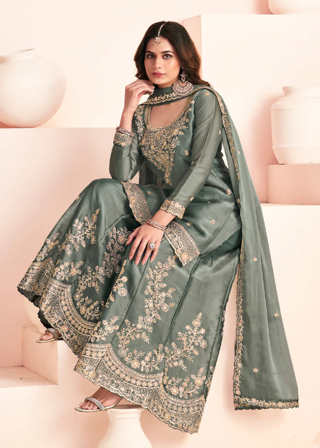 Sea Green Embroidered Sharara Suit