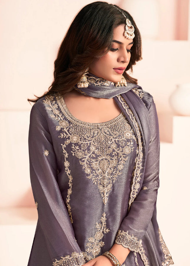 Lavender Embroidered Sharara Suit