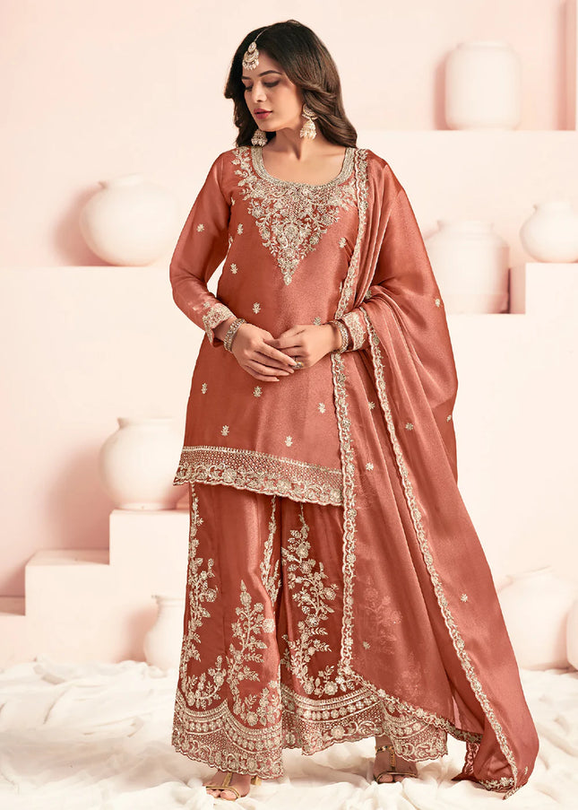 Peach Embroidered Sharara Suit