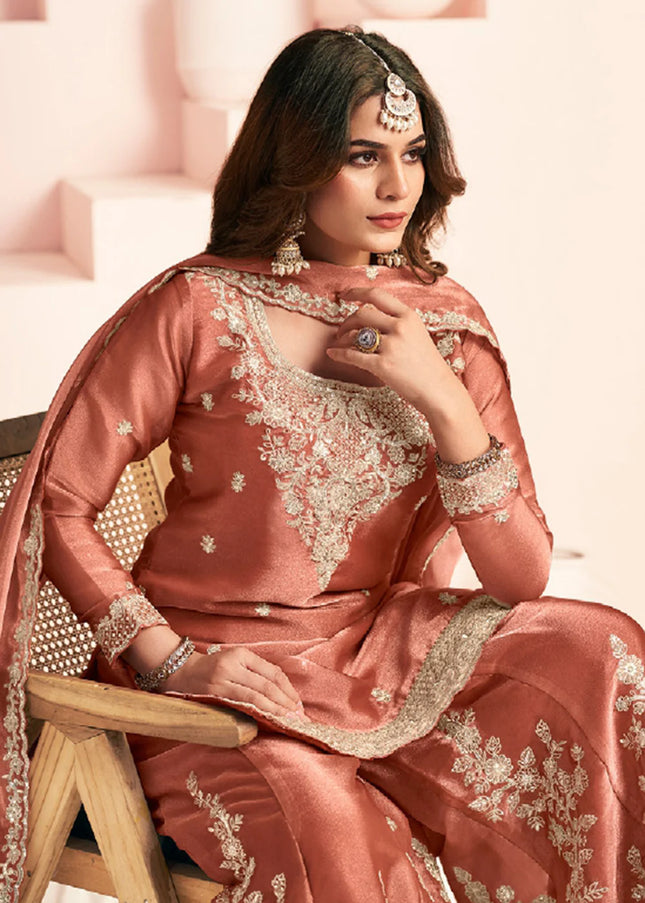 Peach Embroidered Sharara Suit