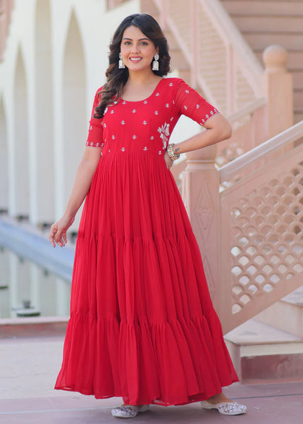 Red Embroidered Anarkali Gown