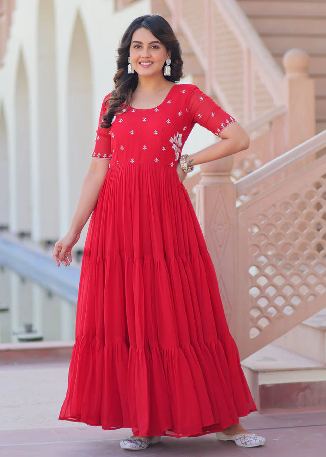 Red Embroidered Anarkali Gown