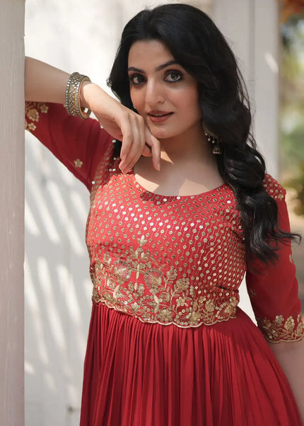 Red Embroidered Anarkali Gown