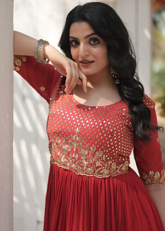 Red Embroidered Anarkali Gown