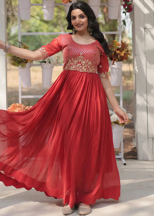 Red Embroidered Anarkali Gown