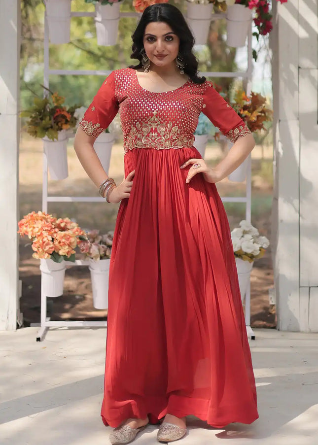 Red Embroidered Anarkali Gown