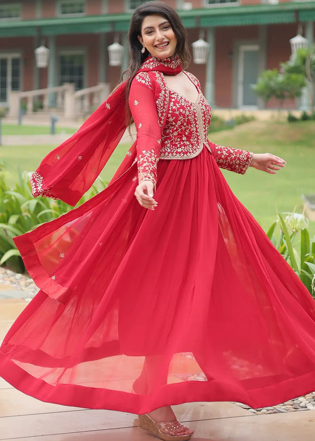 Red Embroidered Anarkali Gown