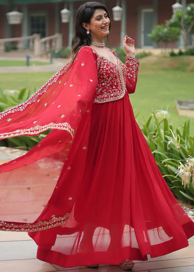 Red Embroidered Anarkali Gown