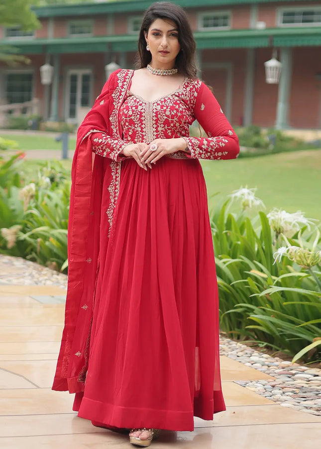 Red Embroidered Anarkali Gown