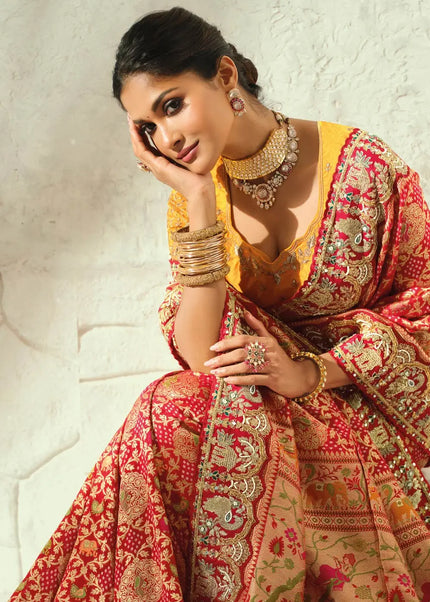 Yellow and Red Embroidered Saree