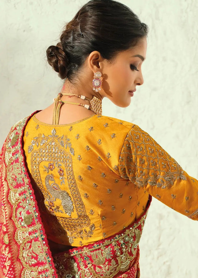 Yellow and Red Embroidered Saree