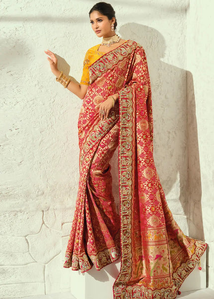 Yellow and Red Embroidered Saree