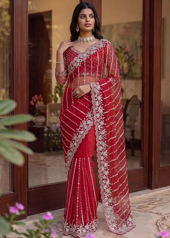 Red Embroidered Saree