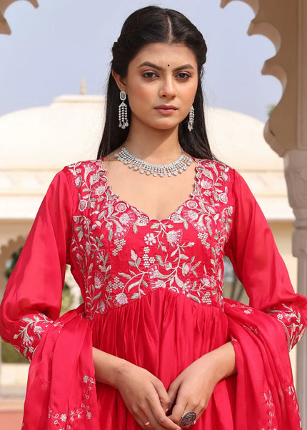 Red Embroidered Anarkali Gown