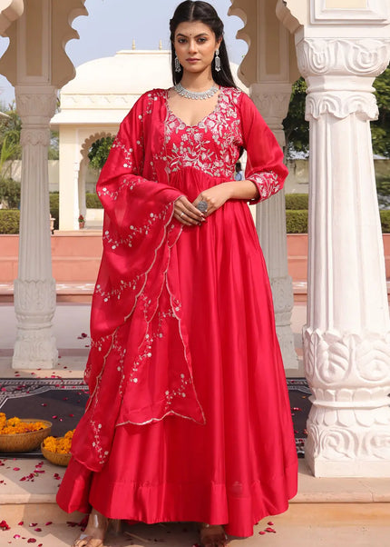 Red Embroidered Anarkali Gown