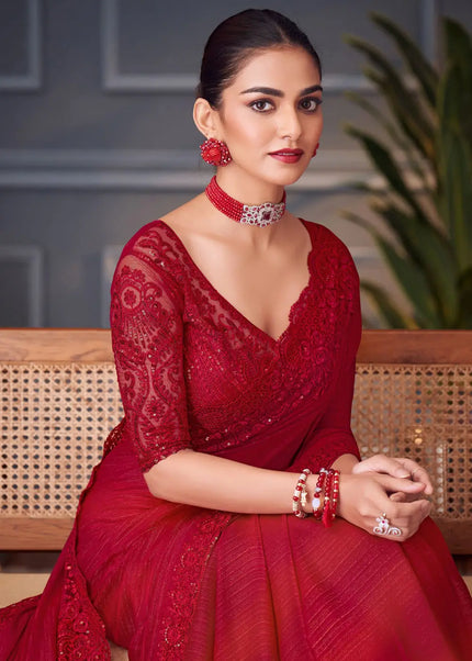 Red Embroidered Saree
