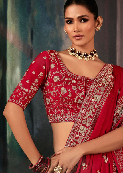 Red Embroidered Festive Saree
